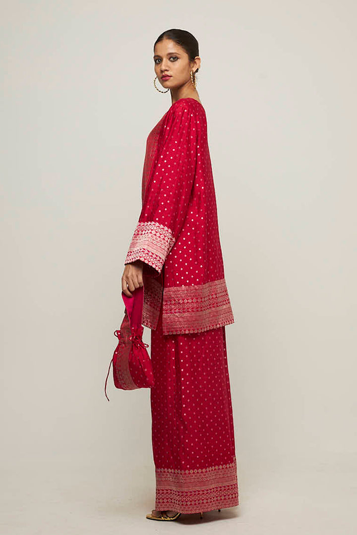 Sitara-Dotted Silk Kurta Set (Red)