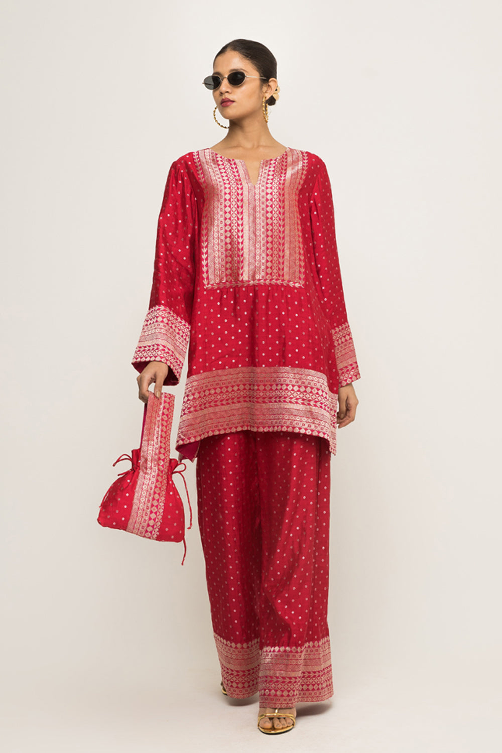 Sitara-Dotted Silk Kurta Set (Red)