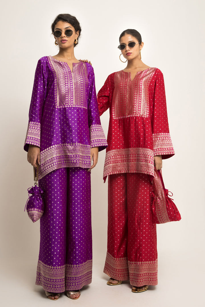Sitara-Dotted Silk Kurta Set (Purple)