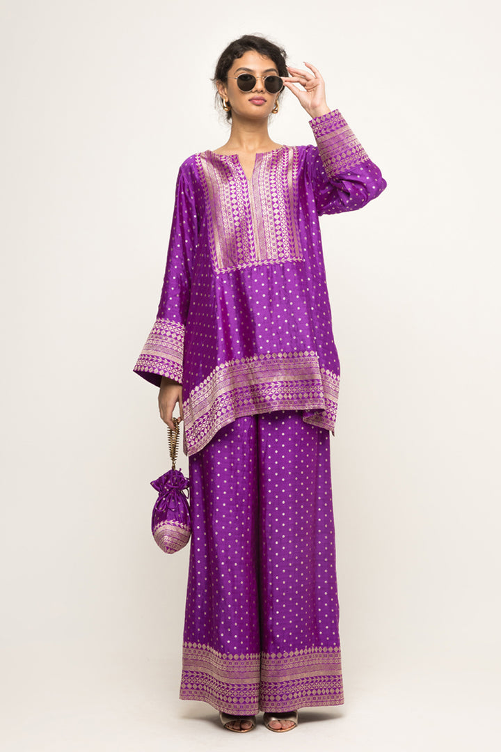 Sitara-Dotted Silk Kurta Set (Purple)