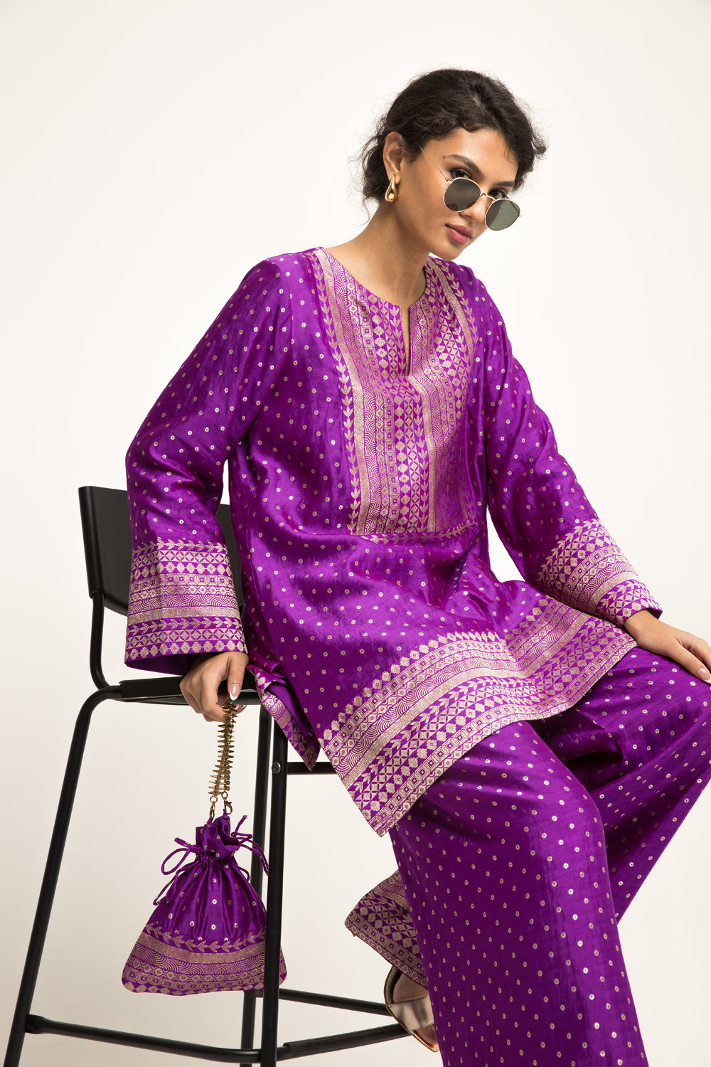 Sitara-Dotted Silk Kurta Set (Purple)