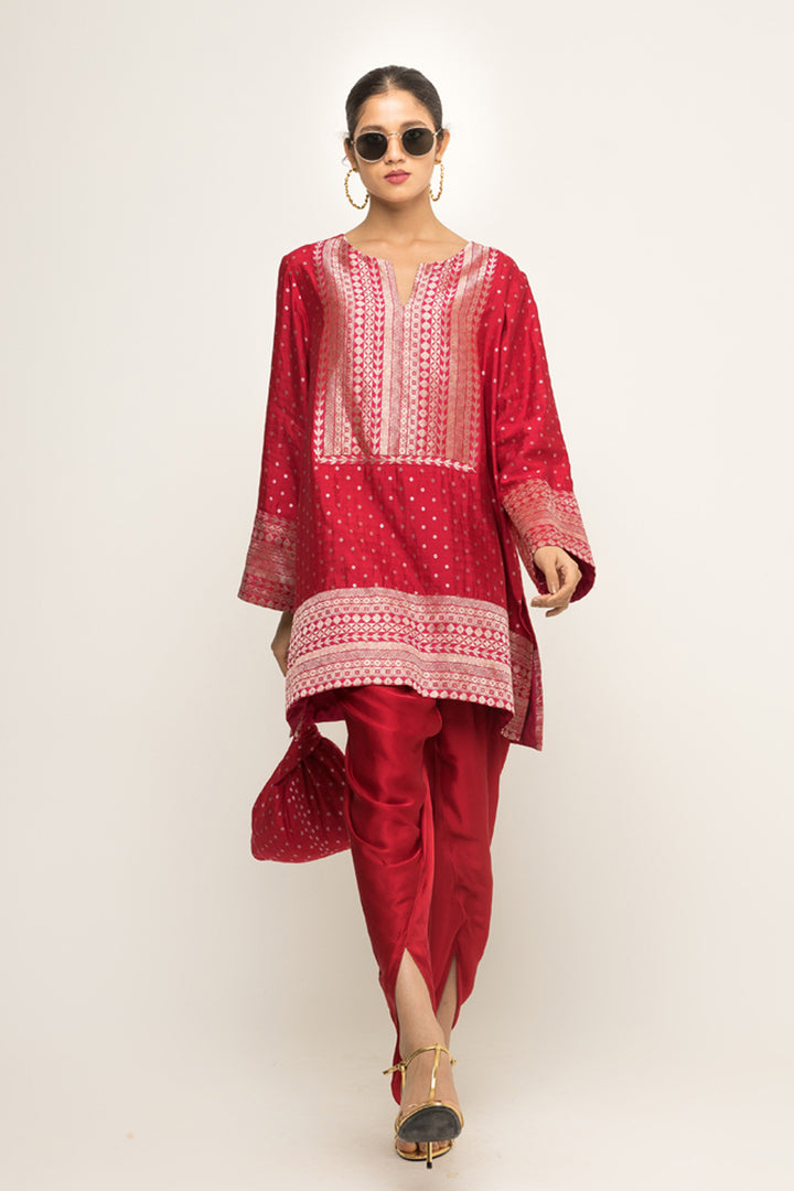 Tara-Dotted Brocade Detail Silk Kurta With Dhoti Set (Red)