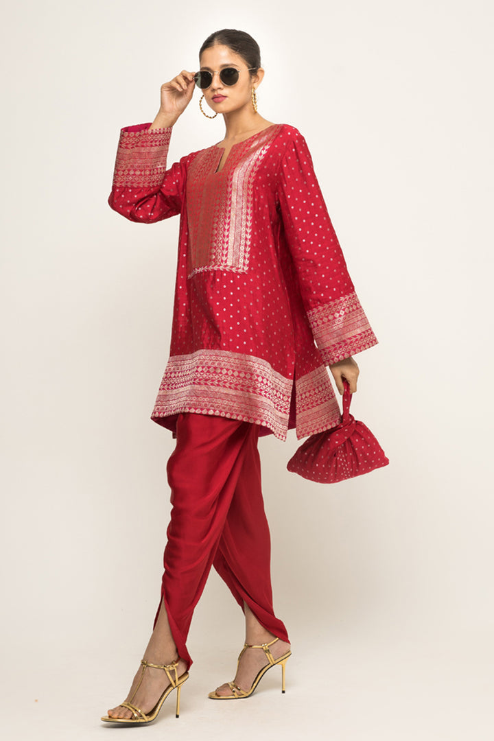 Tara-Dotted Brocade Detail Silk Kurta With Dhoti Set (Red)