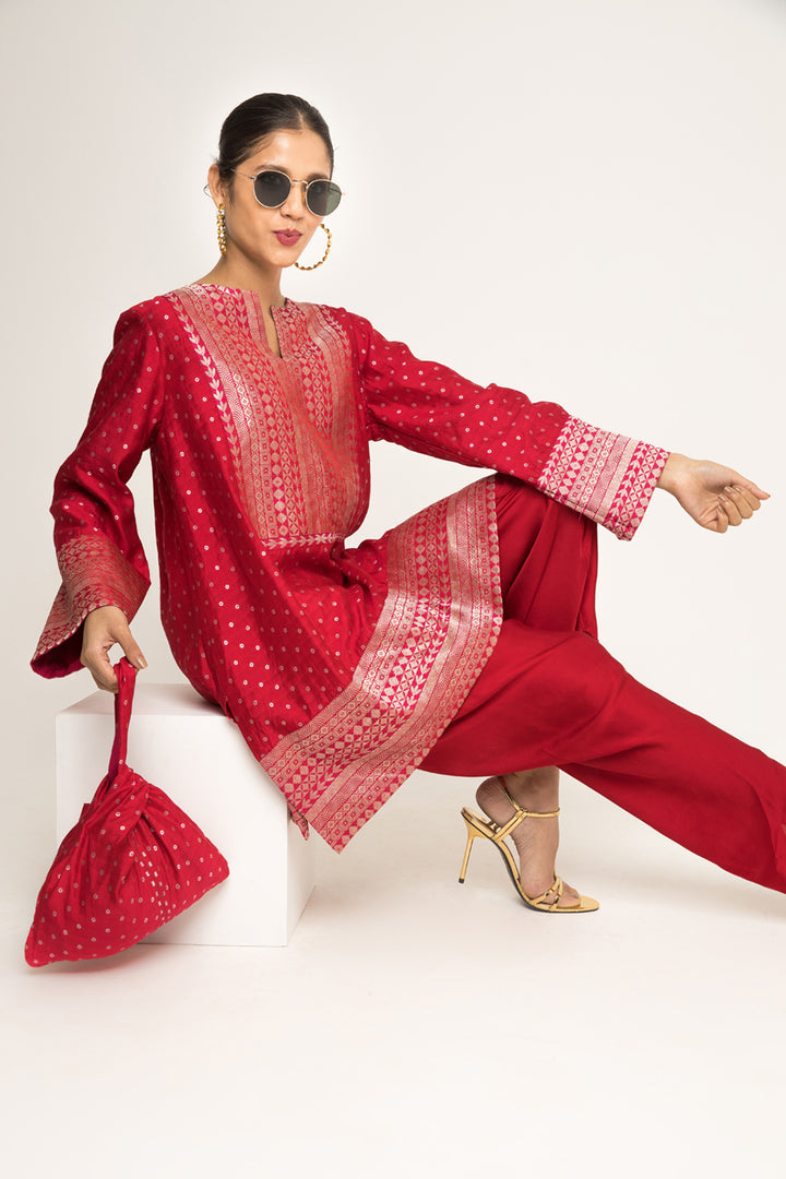 Tara-Dotted Brocade Detail Silk Kurta With Dhoti Set (Red)