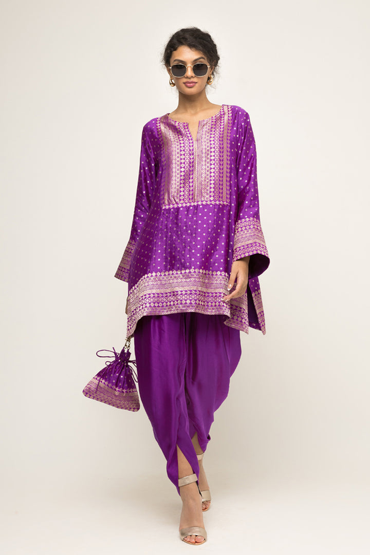 Tara-Dotted Brocade Detail Silk Kurta With Dhoti Set (Purple)