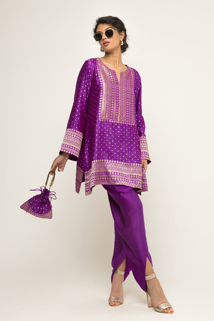 Tara-Dotted Brocade Detail Silk Kurta With Dhoti Set (Purple)