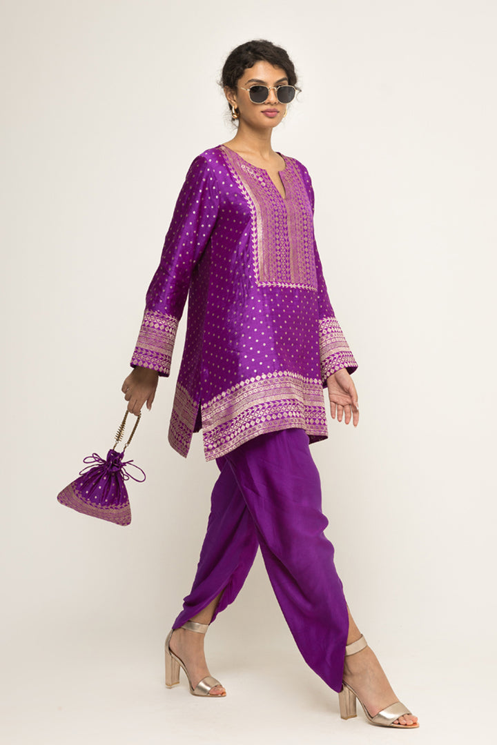 Tara-Dotted Brocade Detail Silk Kurta With Dhoti Set (Purple)