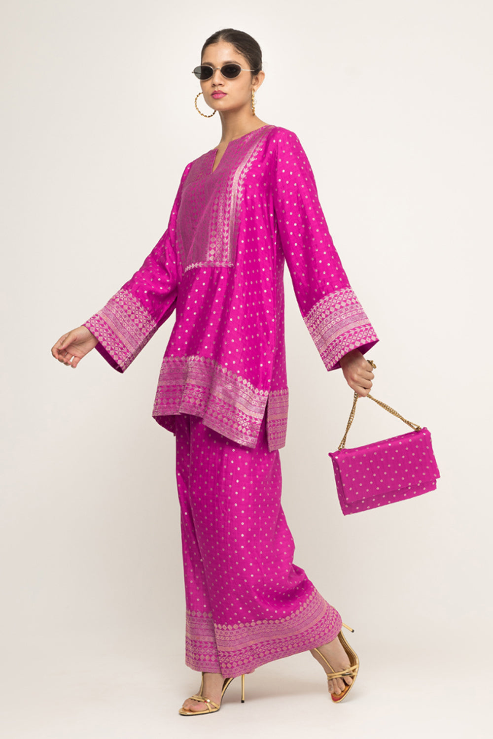 Sitara-Dotted Silk Kurta Set (Pink)