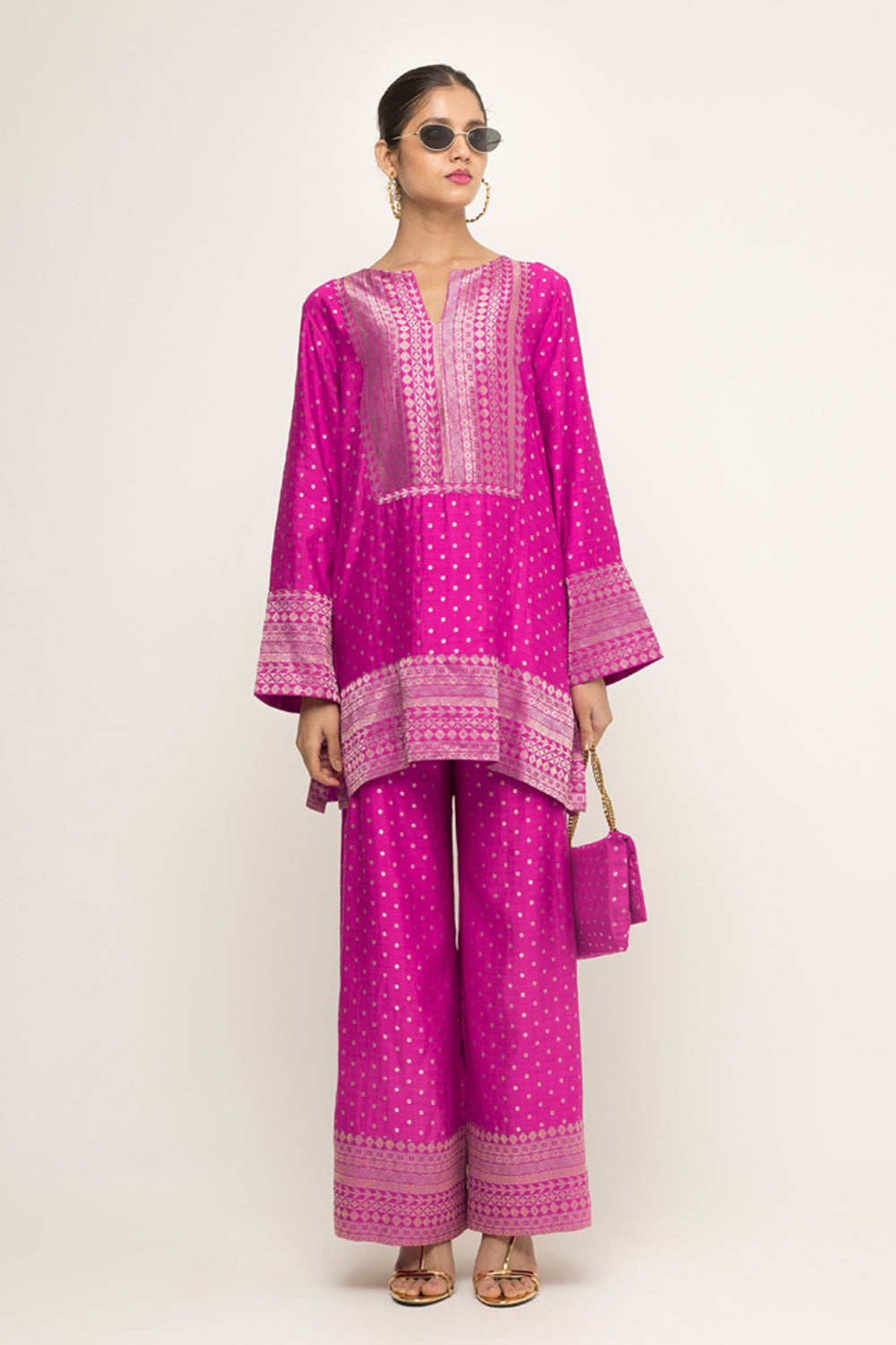 Sitara-Dotted Silk Kurta Set (Pink)