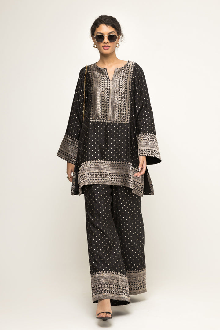Sitara-Dotted Silk Kurta Set (Black)