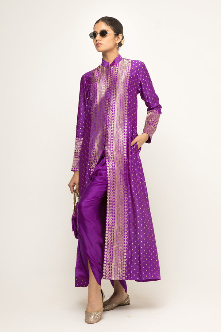 Rani-Long Dotted Statement Brocade Jacket & Dhoti Set (Purple)