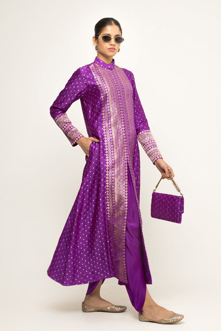 Rani-Long Dotted Statement Brocade Jacket & Dhoti Set (Purple)