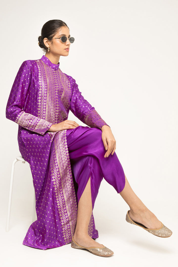Rani-Long Dotted Statement Brocade Jacket & Dhoti Set (Purple)