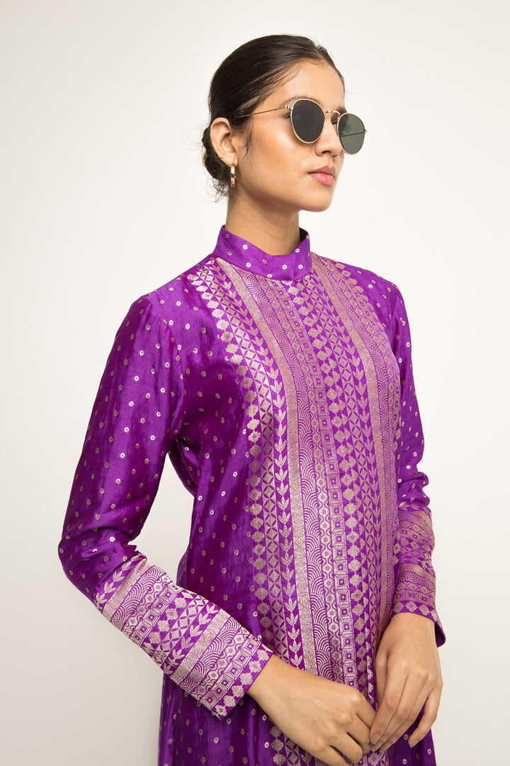 Rani-Long Dotted Statement Brocade Jacket & Dhoti Set (Purple)