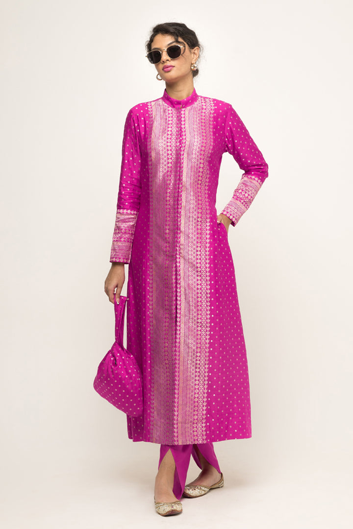 Rani-Long Dotted Statement Brocade Jacket- Dhoti Set (Pink)