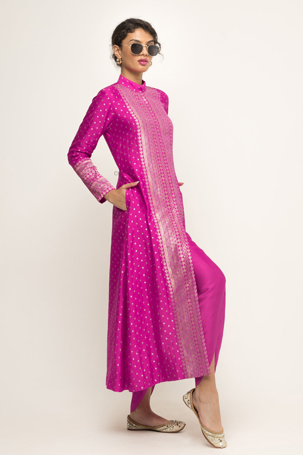 Rani-Long Dotted Statement Brocade Jacket- Dhoti Set (Pink)