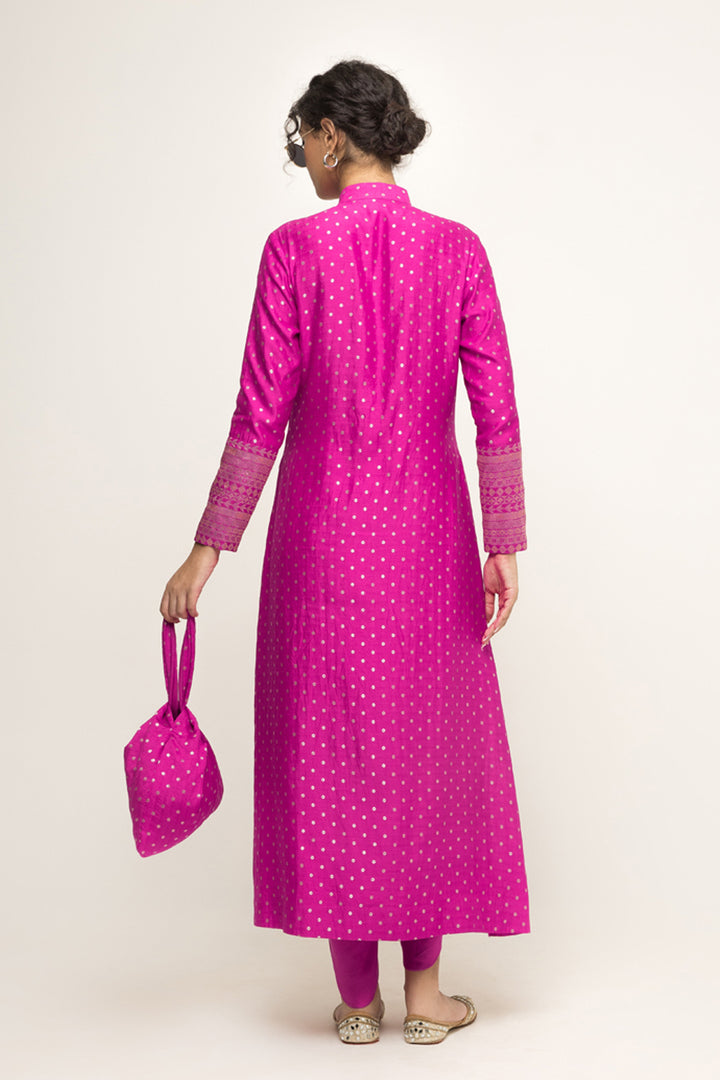 Rani-Long Dotted Statement Brocade Jacket- Dhoti Set (Pink)