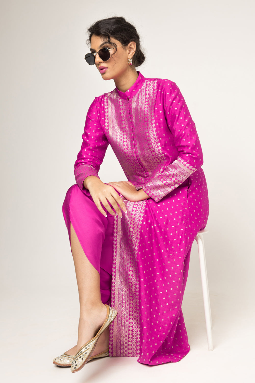 Rani-Long Dotted Statement Brocade Jacket- Dhoti Set (Pink)