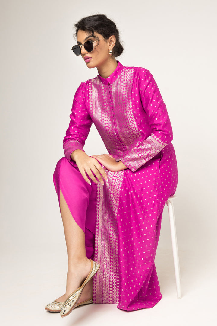 Rani-Long Dotted Statement Brocade Jacket- Dhoti Set (Pink)