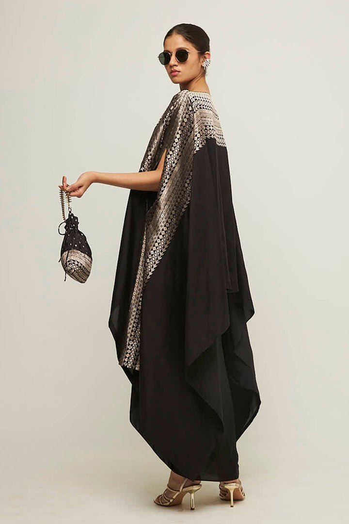 Devi-Statement Silk Cape With Brocade Detail and Skirt Set (Black)