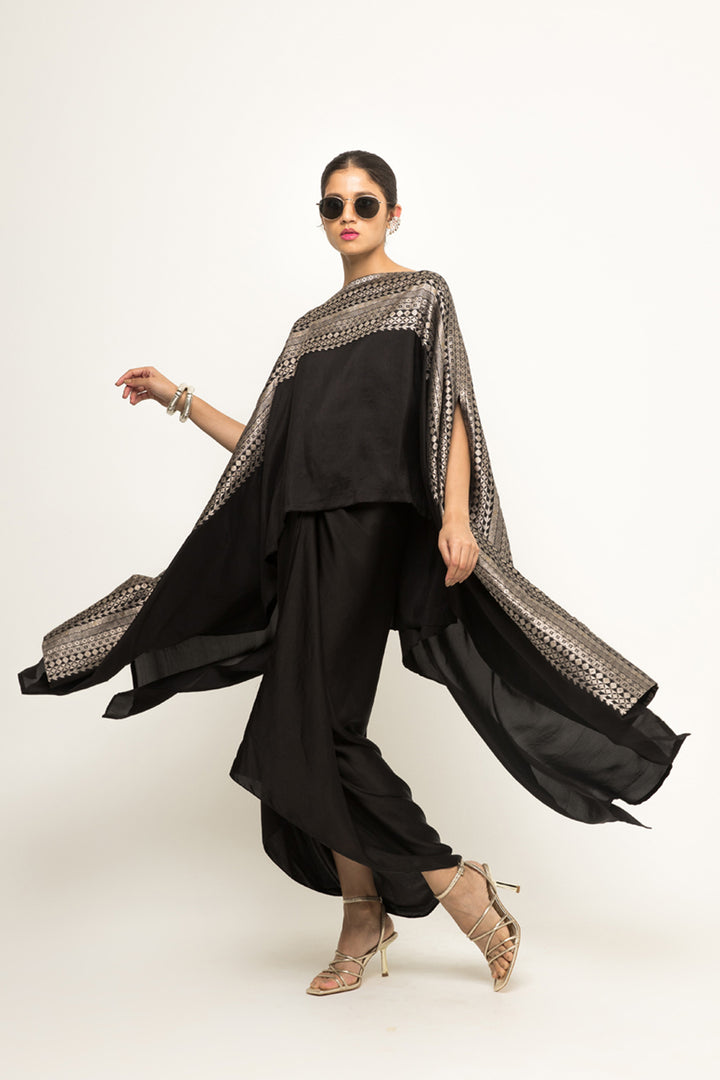 Devi-Statement Silk Cape With Brocade Detail and Skirt Set (Black)