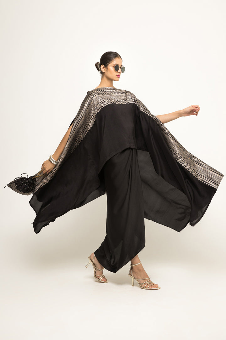 Devi-Statement Silk Cape With Brocade Detail and Skirt Set (Black)