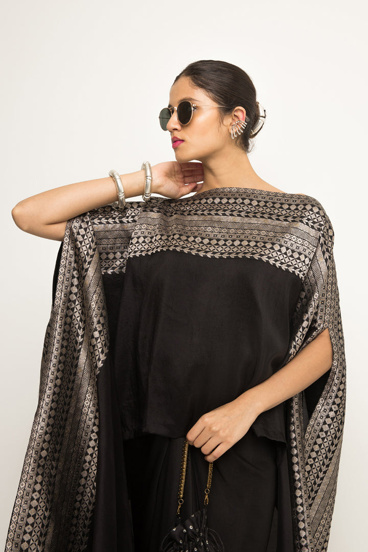 Devi-Statement Silk Cape With Brocade Detail and Skirt Set (Black)
