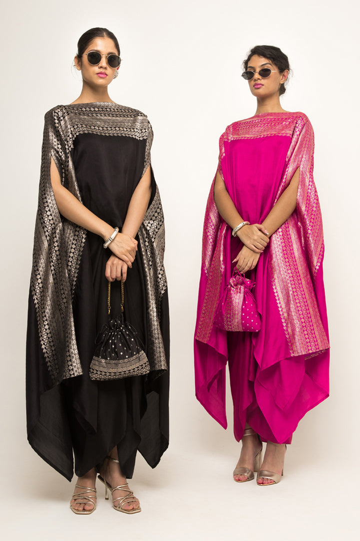 Devi-Statement Silk Cape With Brocade Detail and Skirt Set (Black)