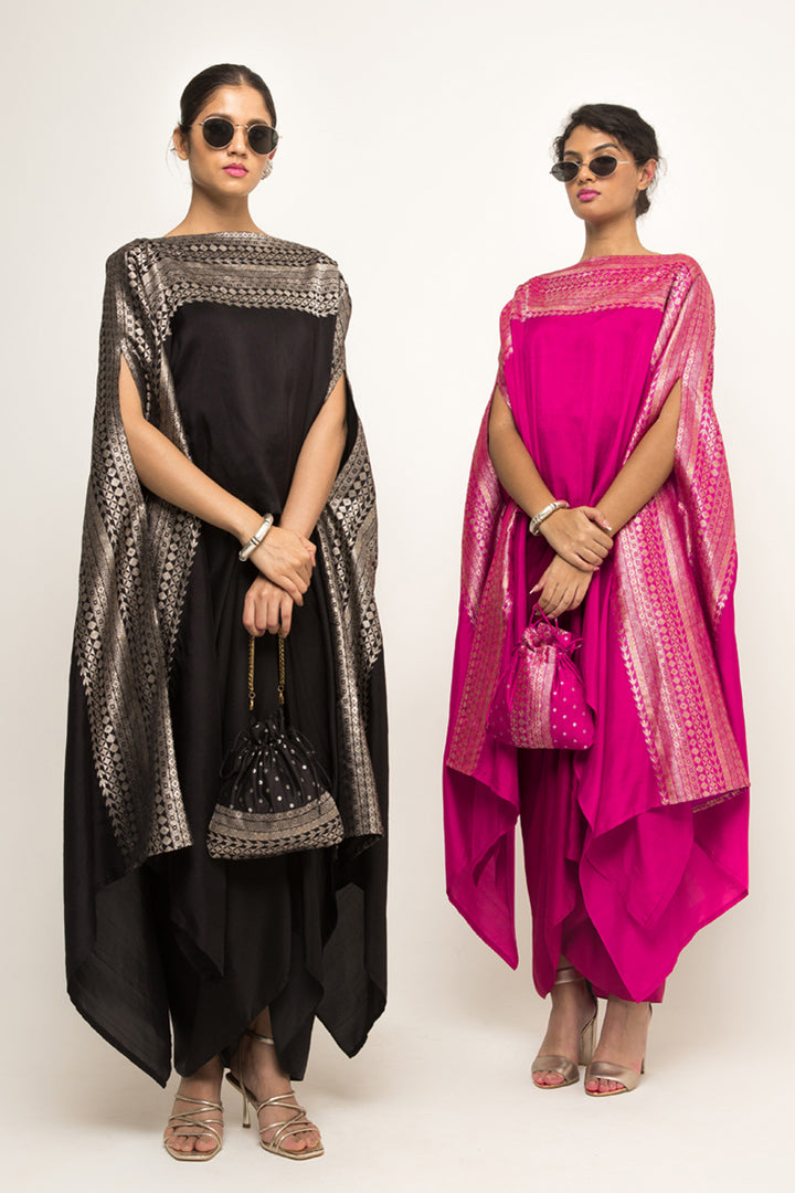 Devi-Statement Silk Cape With Brocade Detail and Skirt Set (Pink)