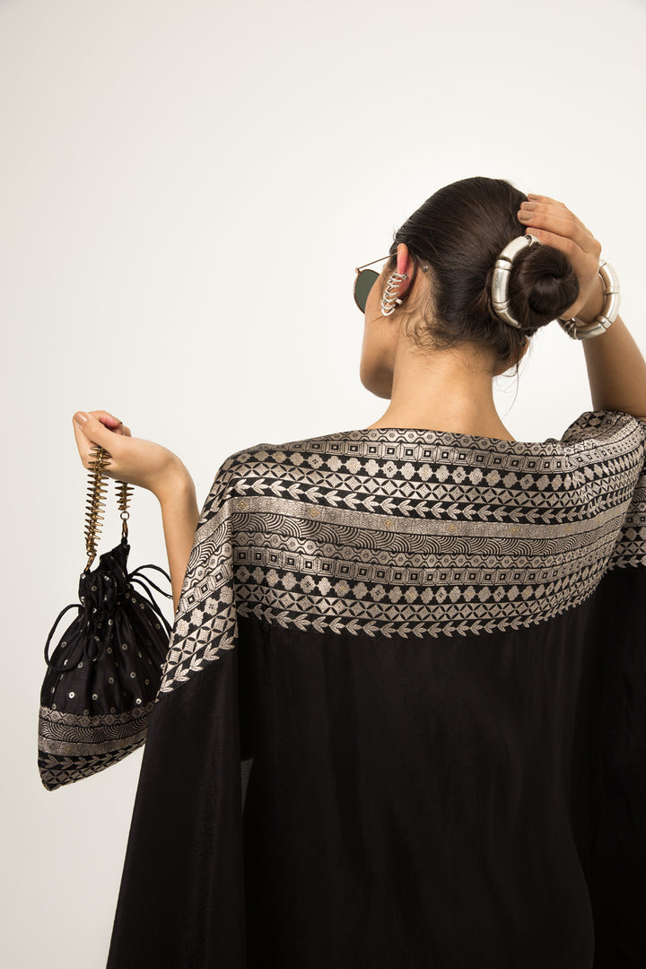 Devi-Statement Silk Cape With Brocade Detail and Skirt Set (Black)