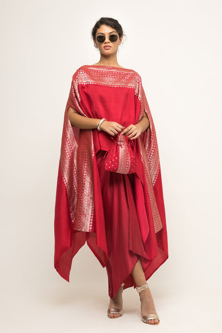 Devi-Statement Silk Cape With Brocade Detail and Skirt Set (Red)