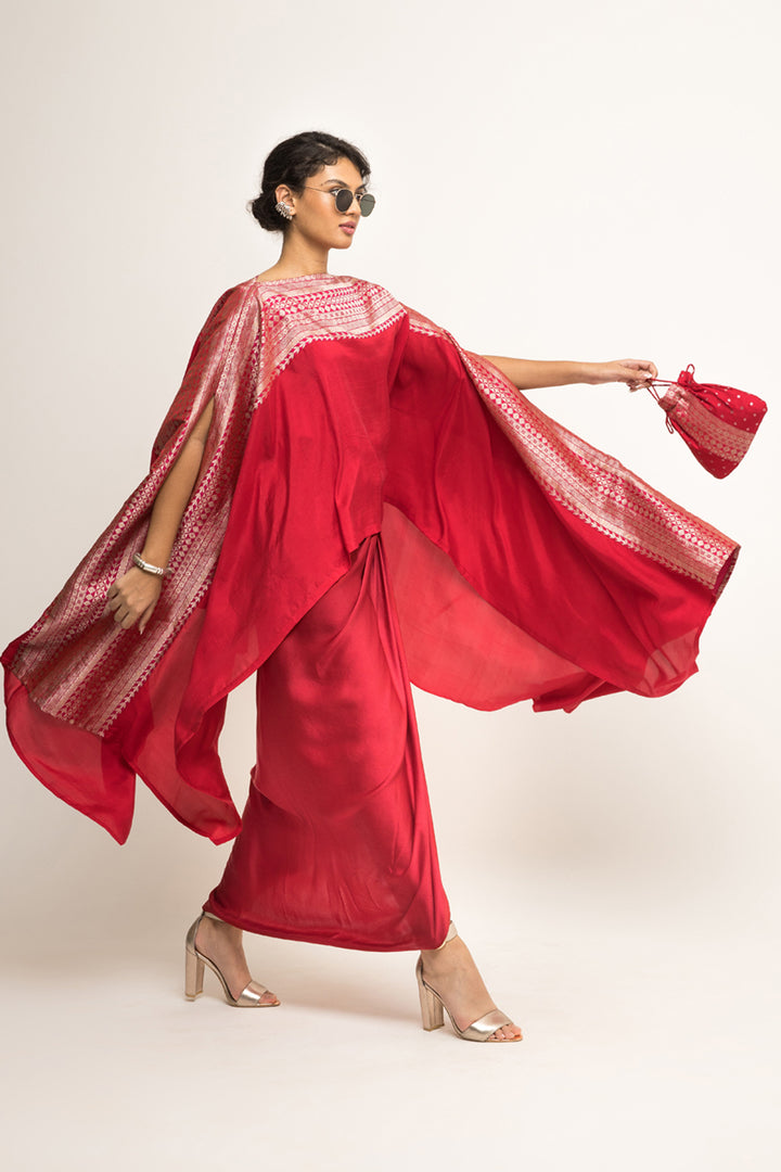 Devi-Statement Silk Cape With Brocade Detail and Skirt Set (Red)