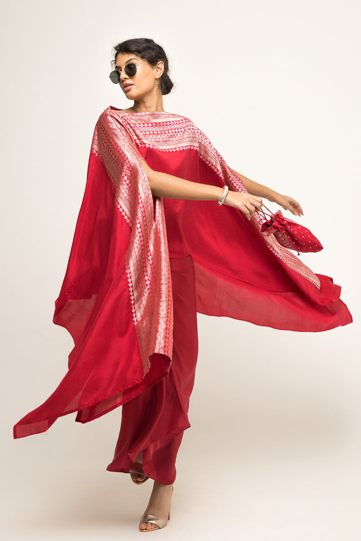 Devi-Statement Silk Cape With Brocade Detail and Skirt Set (Red)