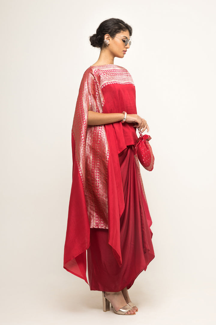 Devi-Statement Silk Cape With Brocade Detail and Skirt Set (Red)