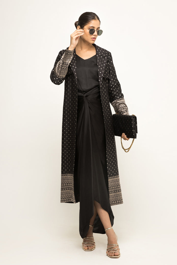 Smriddhi Sibal In Our Alaya-Brocade Trench Jacket Paired With Matching Twist Dress (Black)