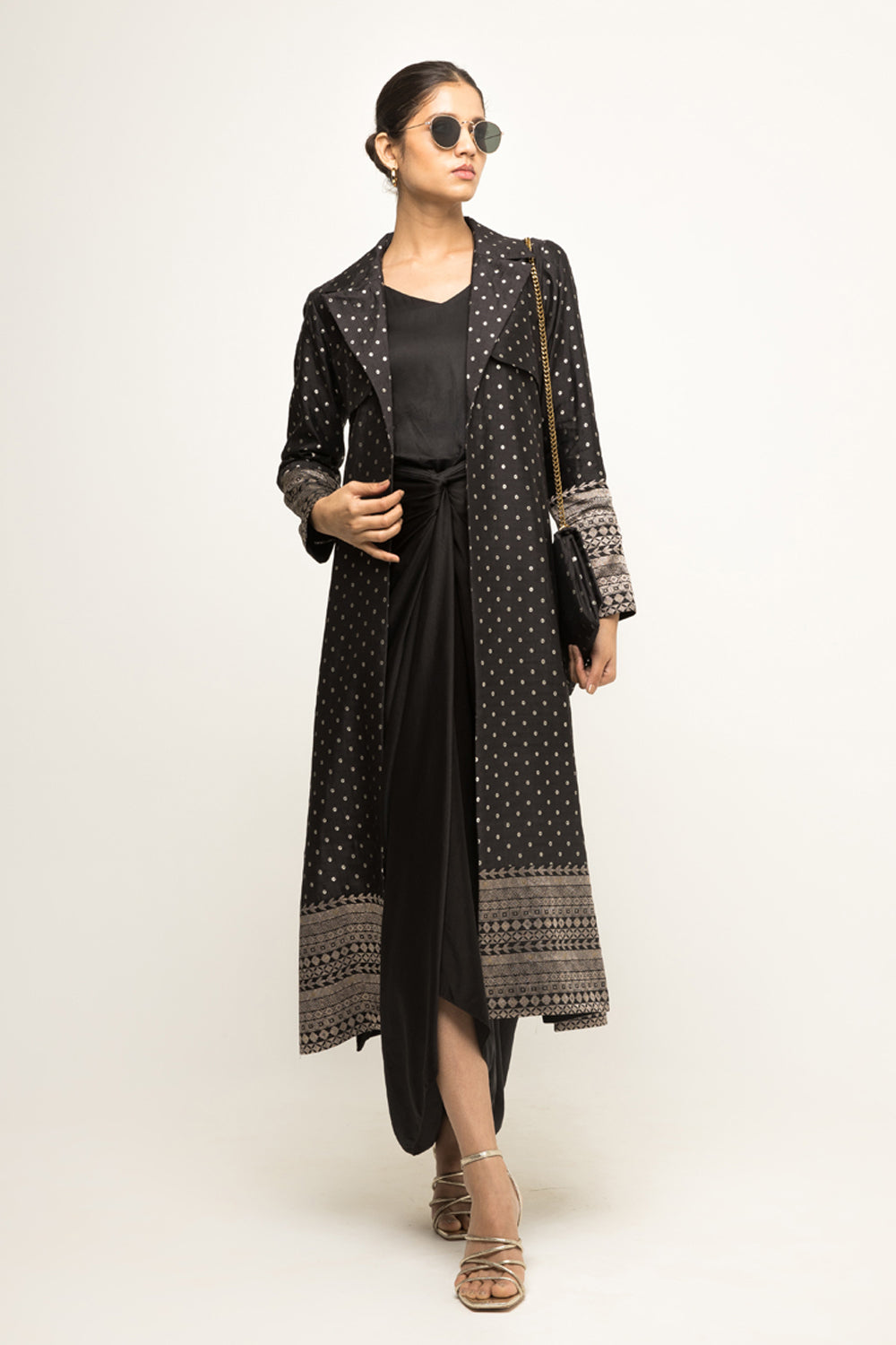 Smriddhi Sibal In Our Alaya-Brocade Trench Jacket Paired With Matching Twist Dress (Black)