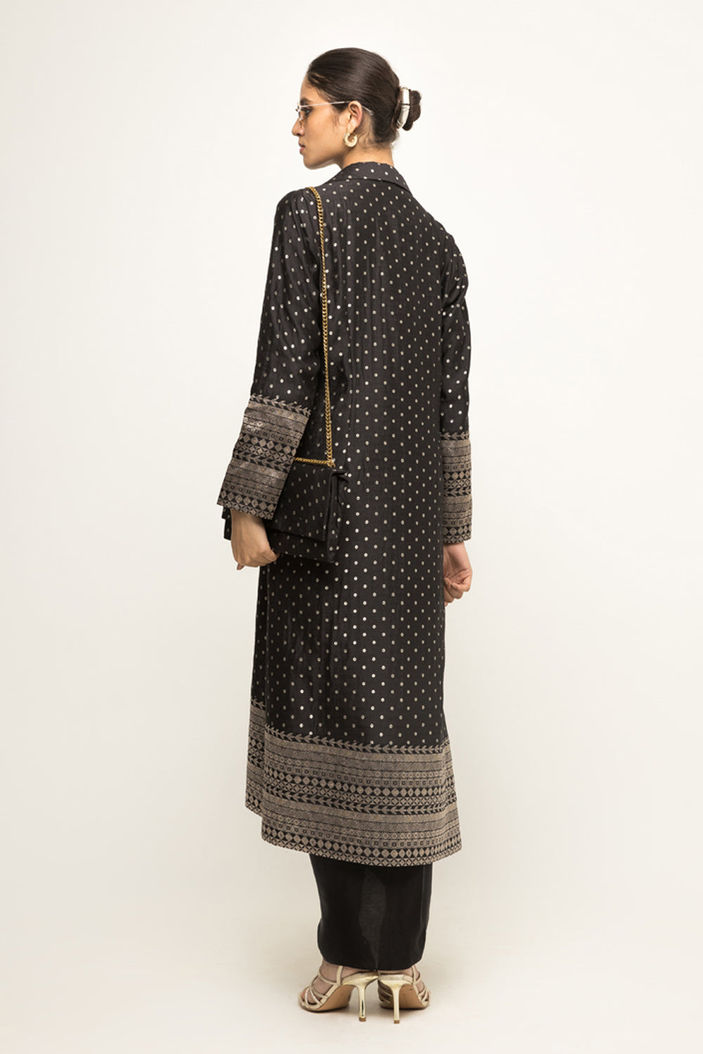 Smriddhi Sibal In Our Alaya-Brocade Trench Jacket Paired With Matching Twist Dress (Black)