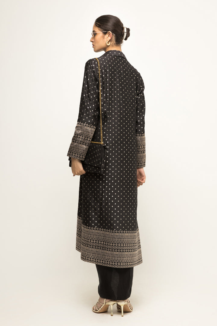 Smriddhi Sibal In Our Alaya-Brocade Trench Jacket Paired With Matching Twist Dress (Black)