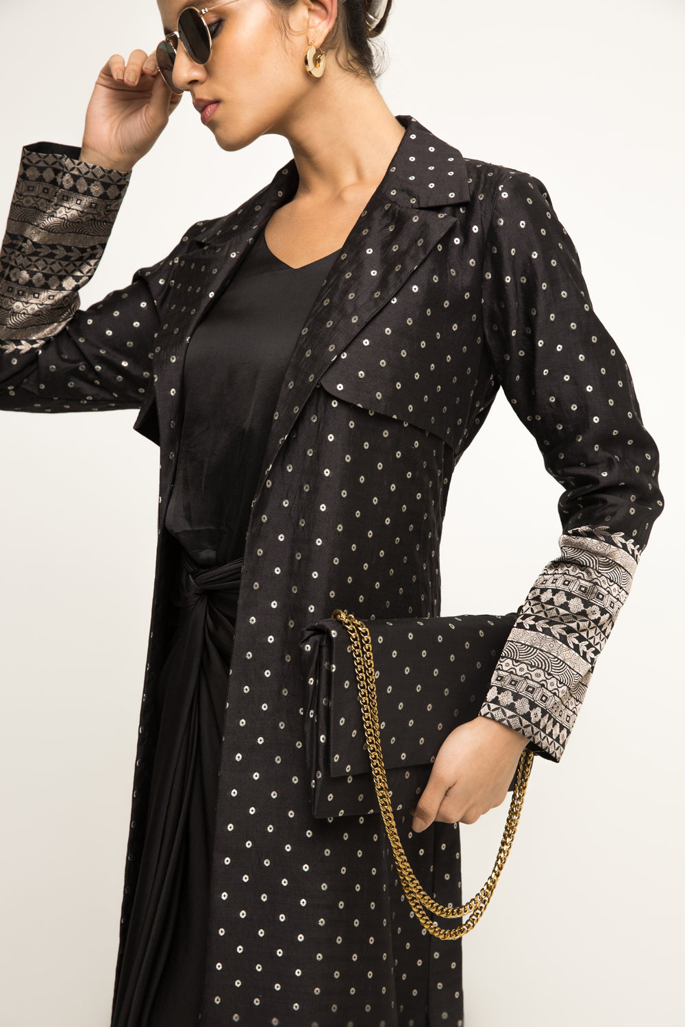 Smriddhi Sibal In Our Alaya-Brocade Trench Jacket Paired With Matching Twist Dress (Black)