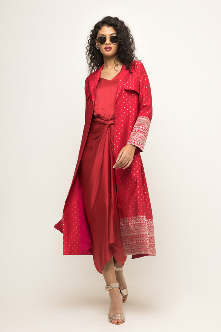 Alaya-Brocade Trench Jacket Paired With Matching Twist Dress (Red)