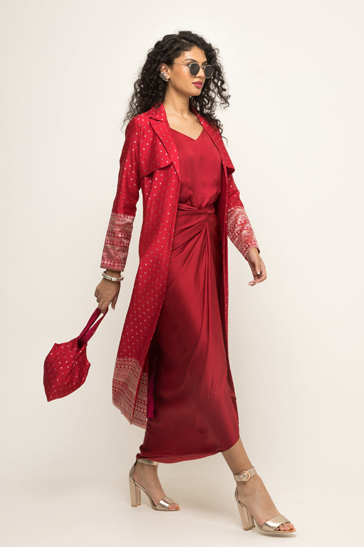 Alaya-Brocade Trench Jacket Paired With Matching Twist Dress (Red)