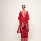 Triya-Assymetrical Benerasi Silk Kurta & Pants set with Brocade Detail (Red)