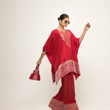 Triya-Assymetrical Benerasi Silk Kurta & Pants set with Brocade Detail (Red)