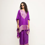 Triya-Asymmetrical Benerasi Silk Kurta & Pants set with brocade detail (Purple)