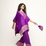 Triya-Asymmetrical Benerasi Silk Kurta & Pants set with brocade detail (Purple)