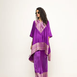 Triya-Asymmetrical Benerasi Silk Kurta & Pants set with brocade detail (Purple)