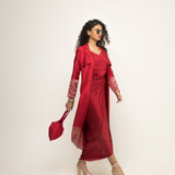 Alaya-Brocade Trench Jacket paired with matching twist Dress (Red)