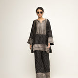 Sitara-Dotted Silk Kurta set with Benerasi Brocade weave border details (Black)