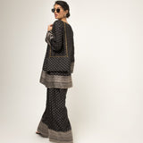 Sitara-Dotted Silk Kurta set with Benerasi Brocade weave border details (Black)