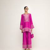 Sitara-Dotted Silk Kurta set with Benerasi Brocade weave border details (Pink)